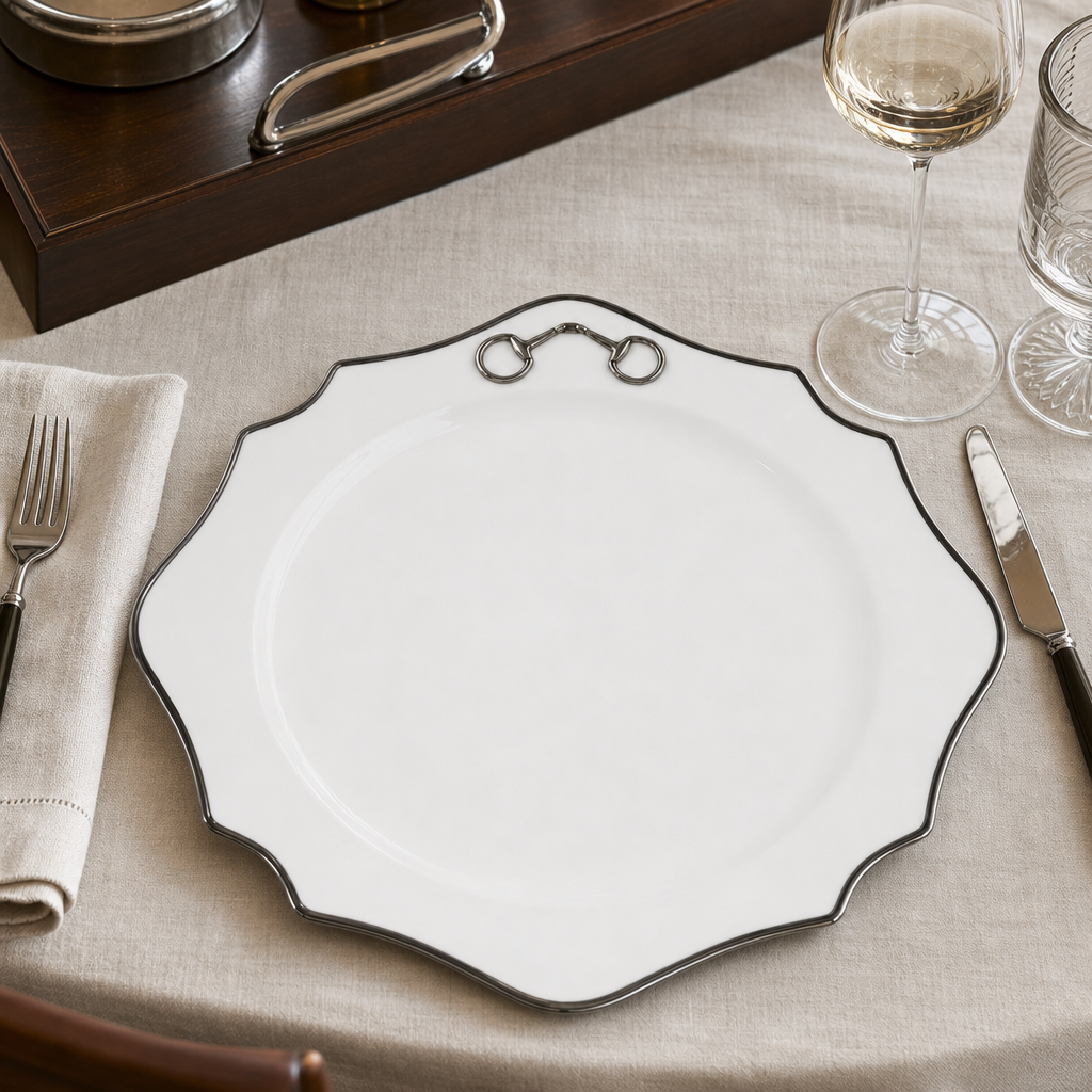 Pewter Bit Bone China Scallop Charger Plate Platinum Rim