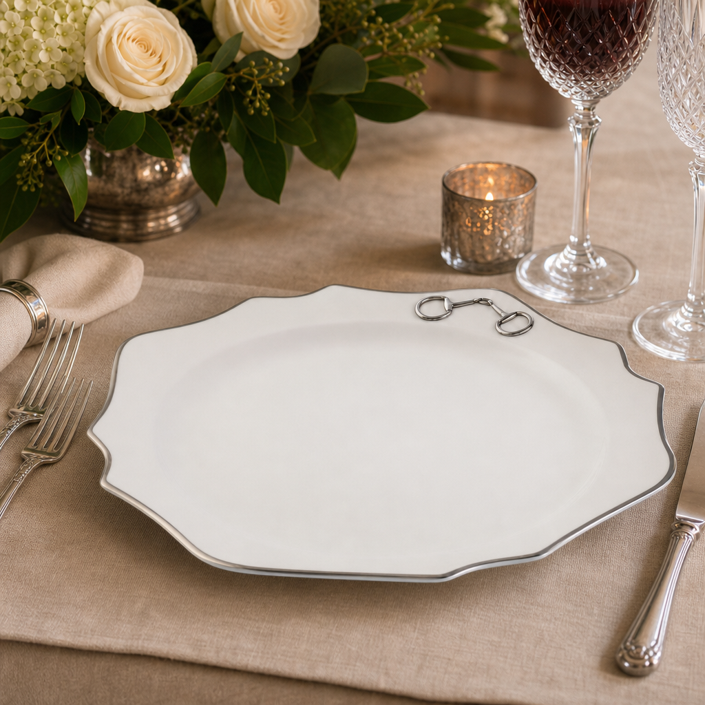 Pewter Bit Bone China Scallop Charger Plate Platinum Rim