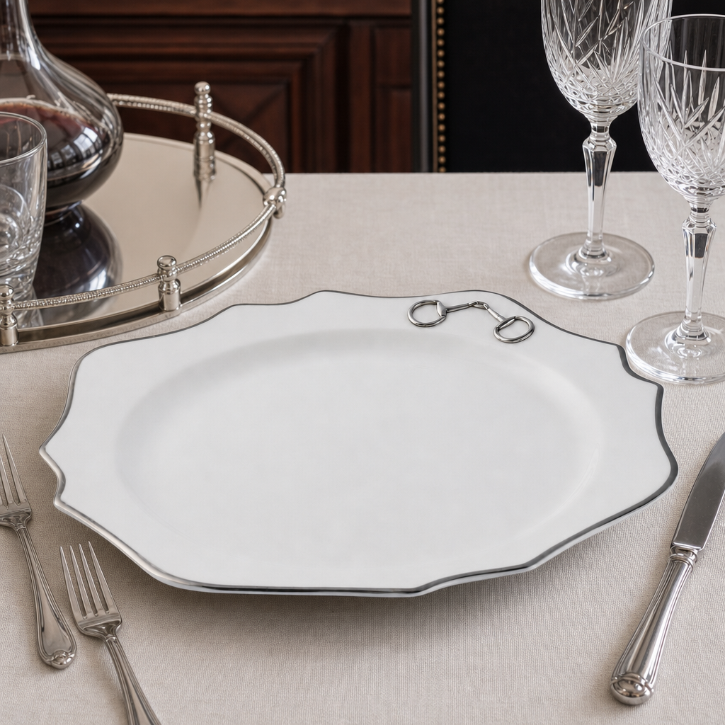 Pewter Bit Bone China Scallop Charger Plate Platinum Rim