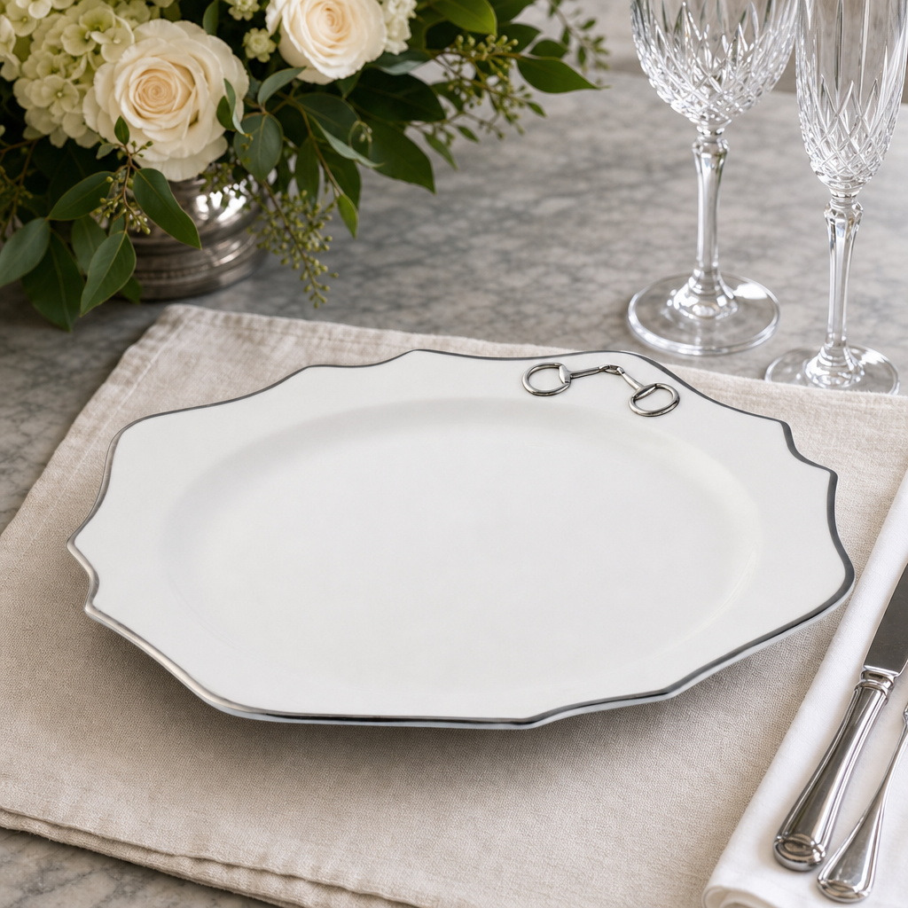 Pewter Bit Bone China Scallop Charger Plate Platinum Rim