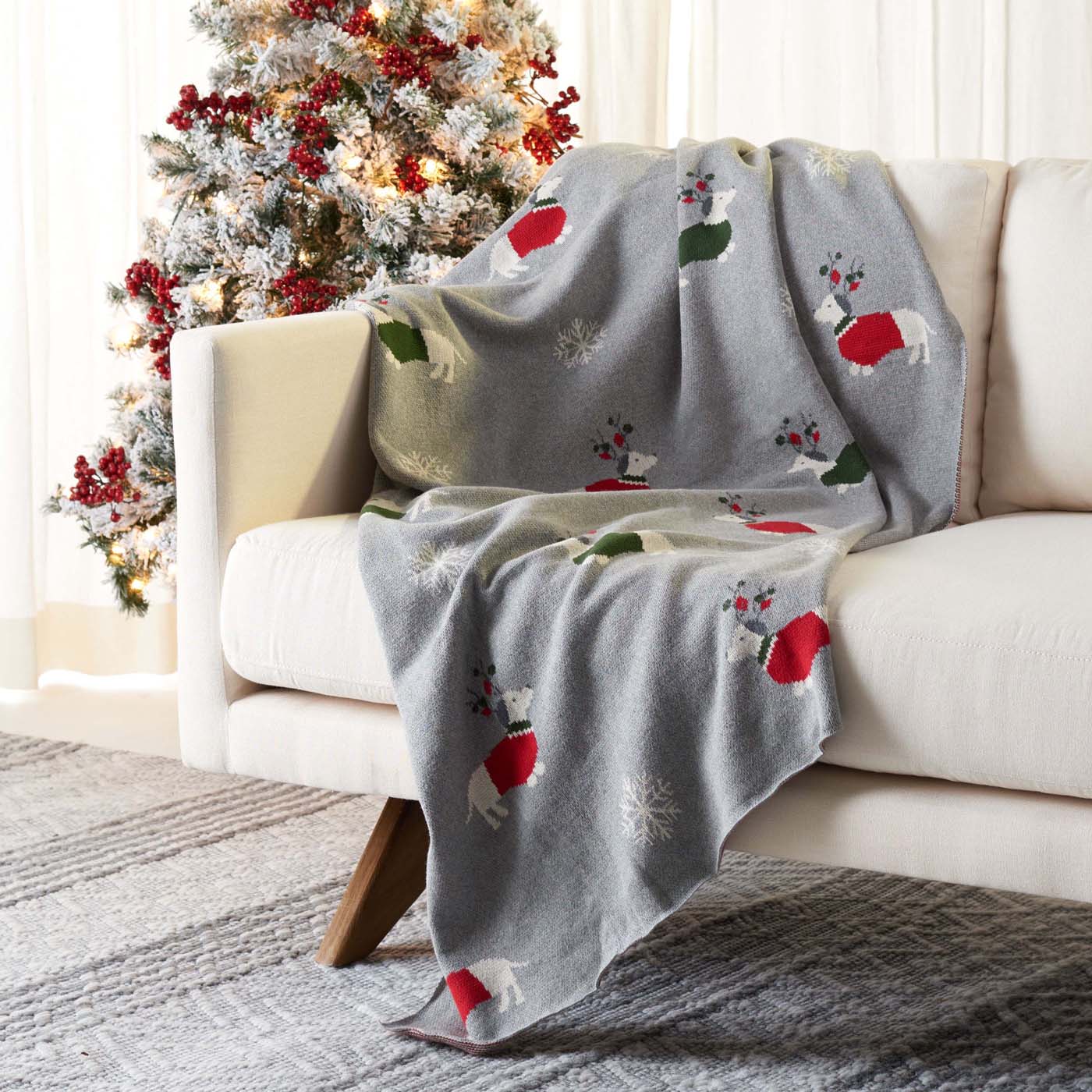 Sleighbells Throw Blanket | Safavieh - HOL2012 - Grey / Red