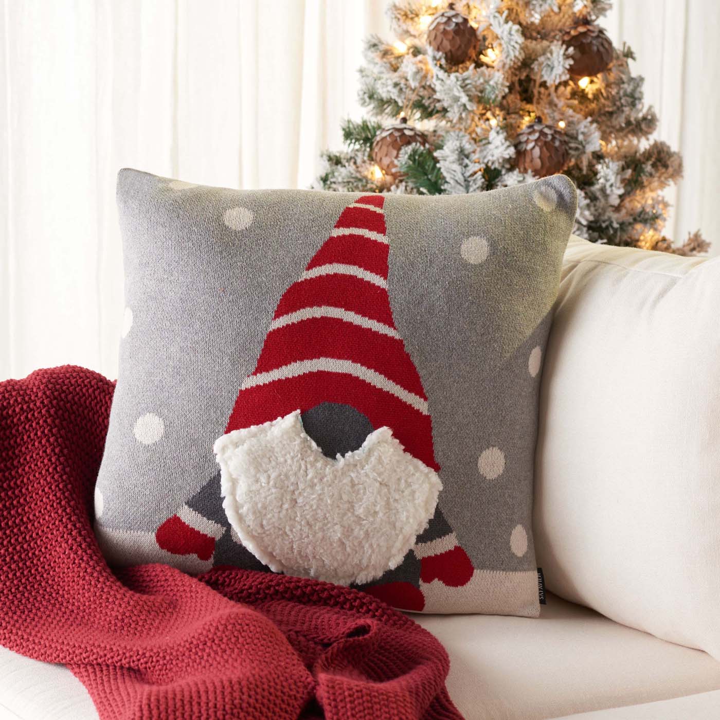 Peppermint Elf Pillow | Safavieh - HOL3011 - Grey / Red