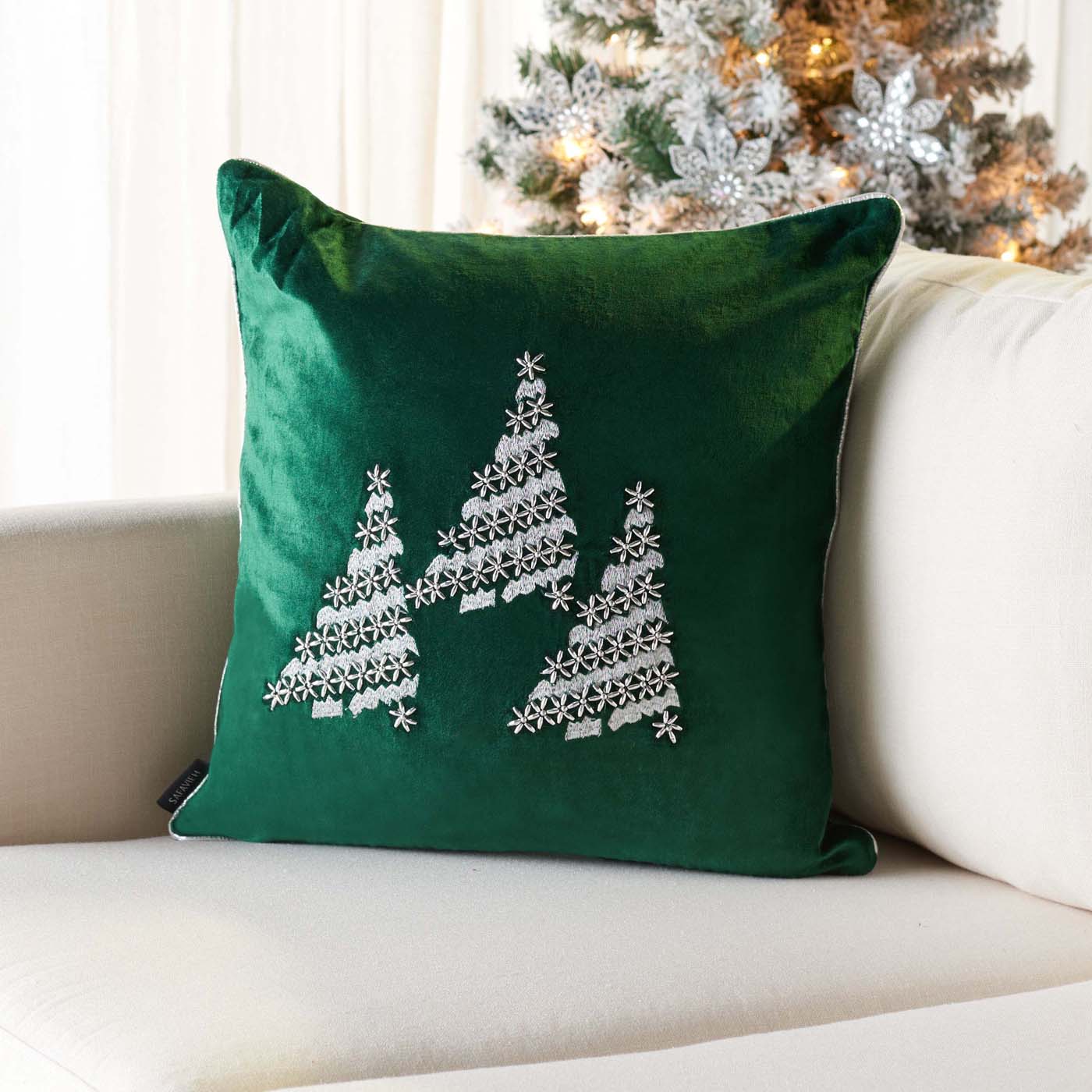 Winter Tree Pillow | Safavieh - HOL4012- Green / Silver