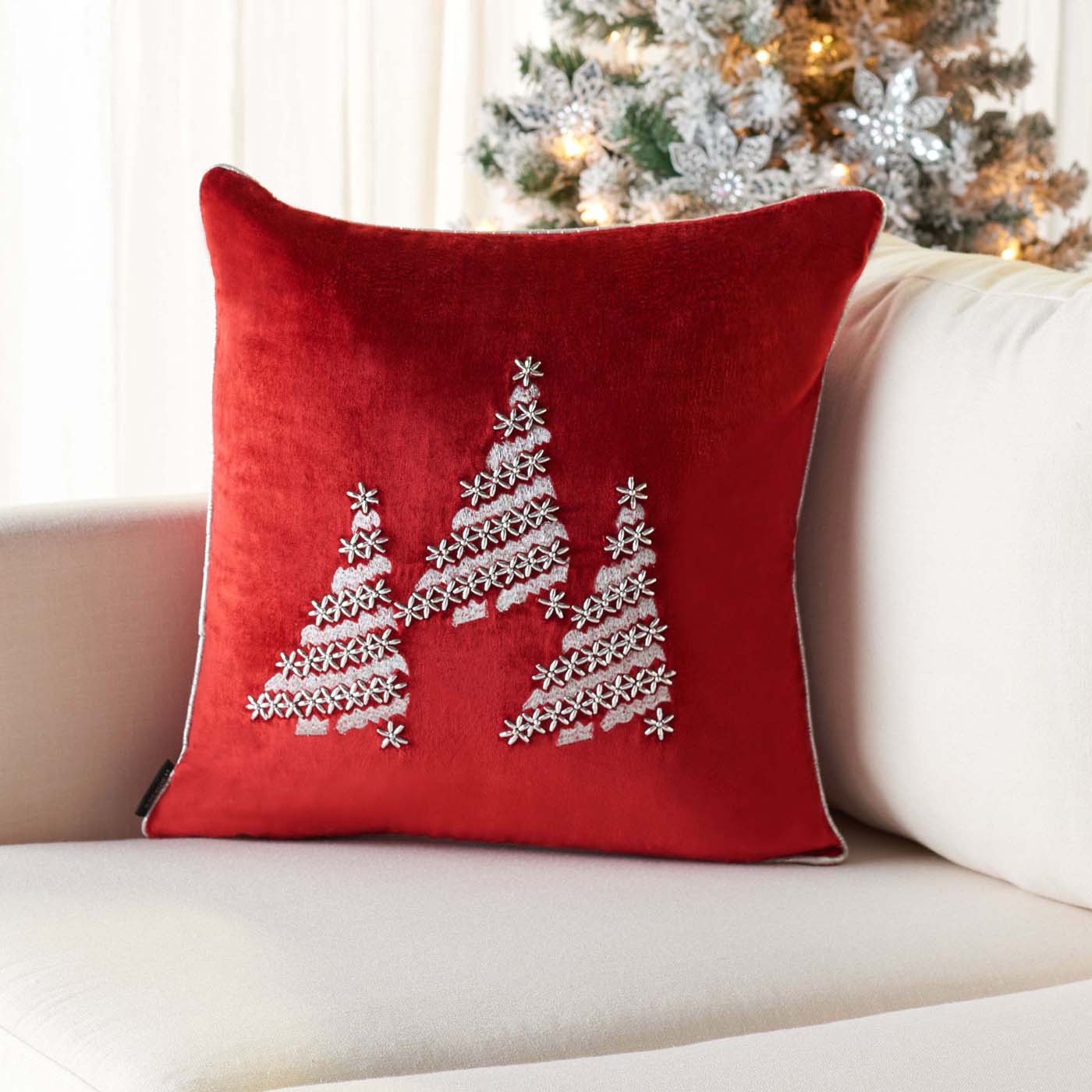 Winter Tree Pillow | Safavieh - HOL4012 - Red / Silver