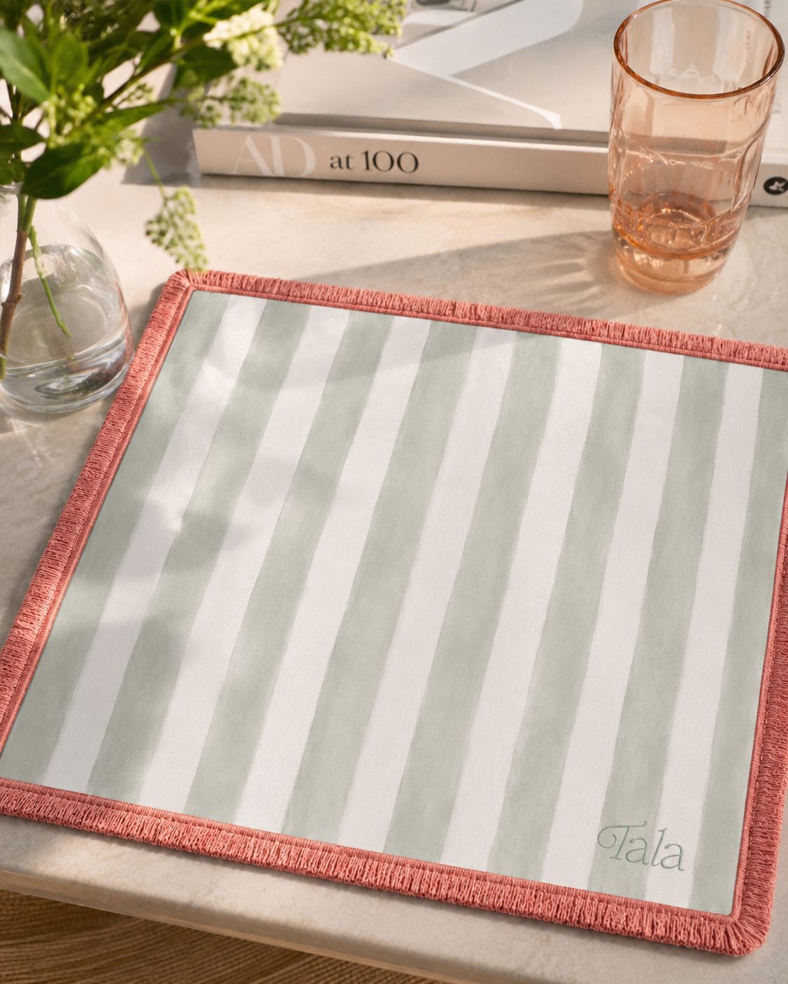Cabana Mahjong Mat - Sage & Ivory with Cantaloupe Fringe