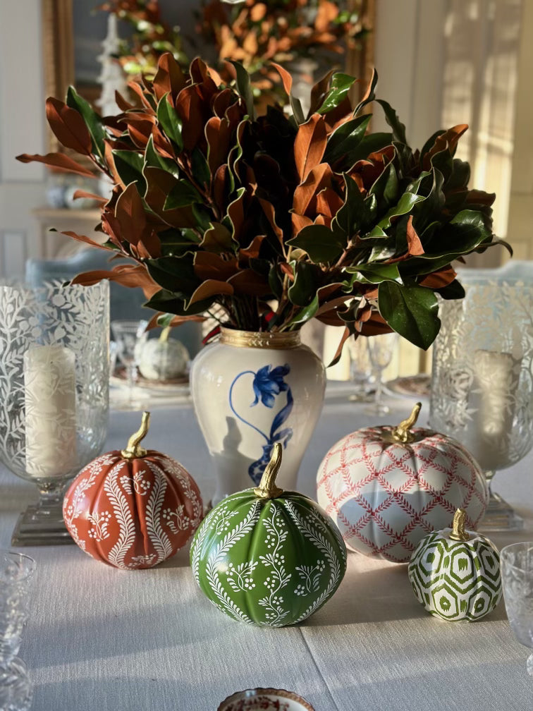 Chinoiserie Pumpkin Bundle – Hand-Painted Metal Pumpkins in Elegant Designs