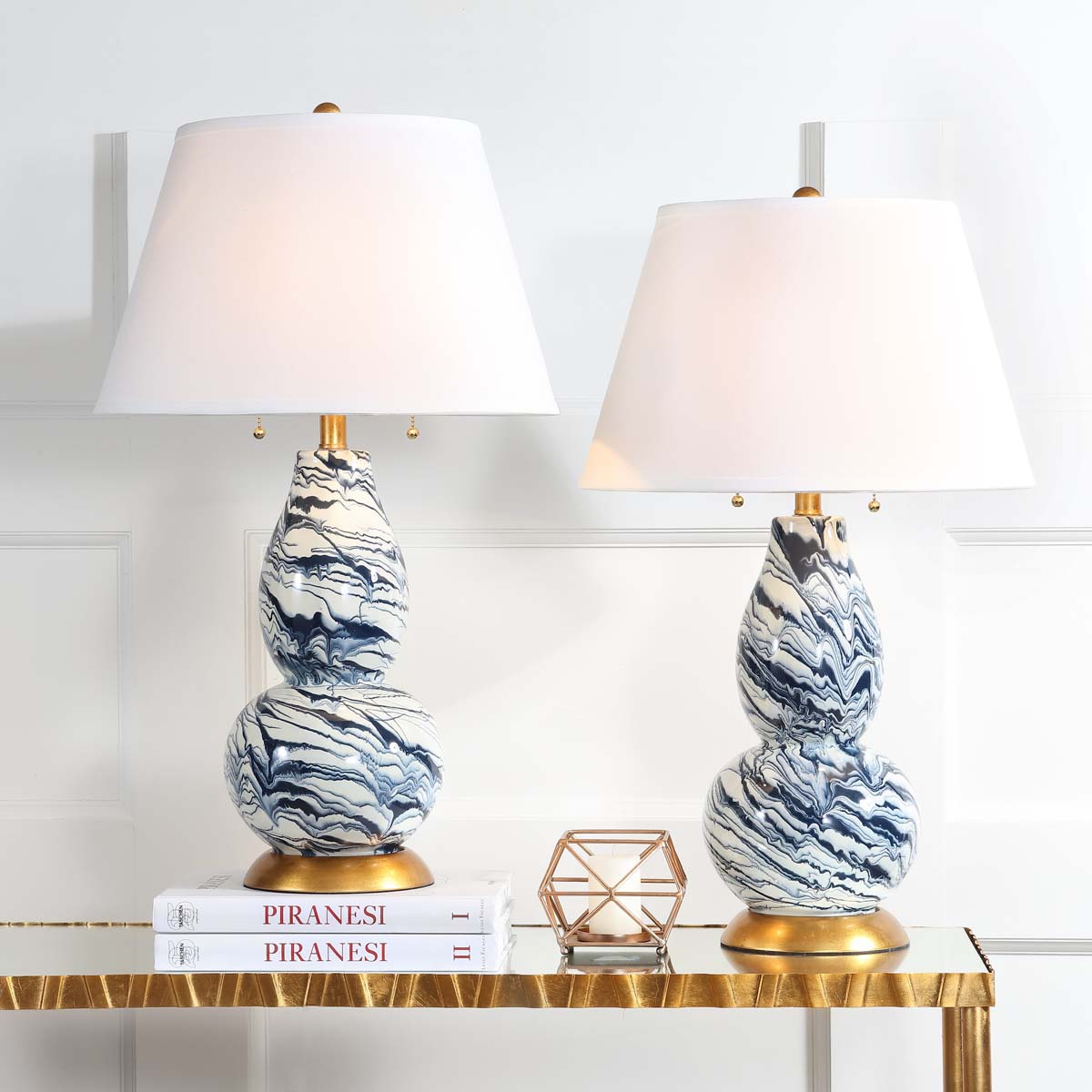 Safavieh Color Swirls 28 Inch H Glass Table Lamp, LIT4159 - Navy/White (Set of 2)