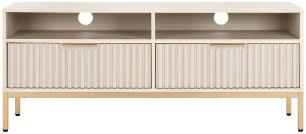 Lylia 2 Drawer 2 Shelf Media Stand, MED9622 | Safavieh - Bleached White / Gold Legs / Gold Handle