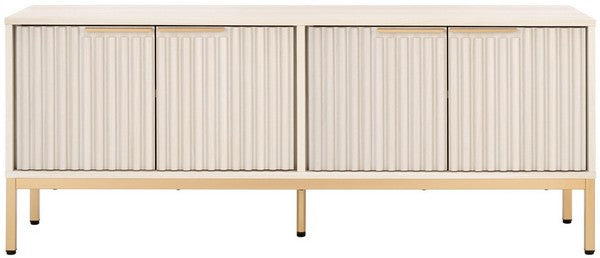 Lylia 4 Door Media Stand, MED9623 | Safavieh - Bleached White / Gold Legs / Gold Handle