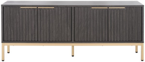 Lylia 4 Door Media Stand, MED9623 | Safavieh - Distressed Black / Gold Legs / Gold Handle