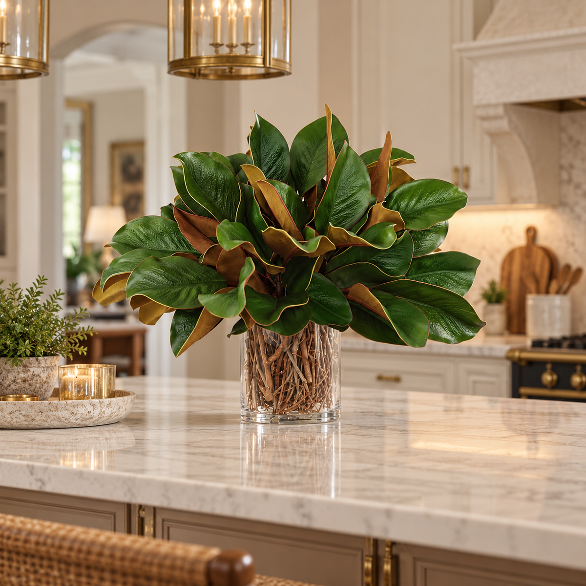 Southern Magnolia Leaf Arrangement in Glass Vase