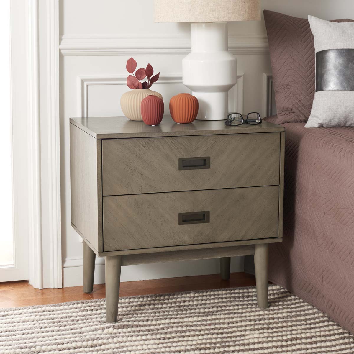 Donald 2 Drawer Nightstand | Safavieh - Light Grey / Bronze