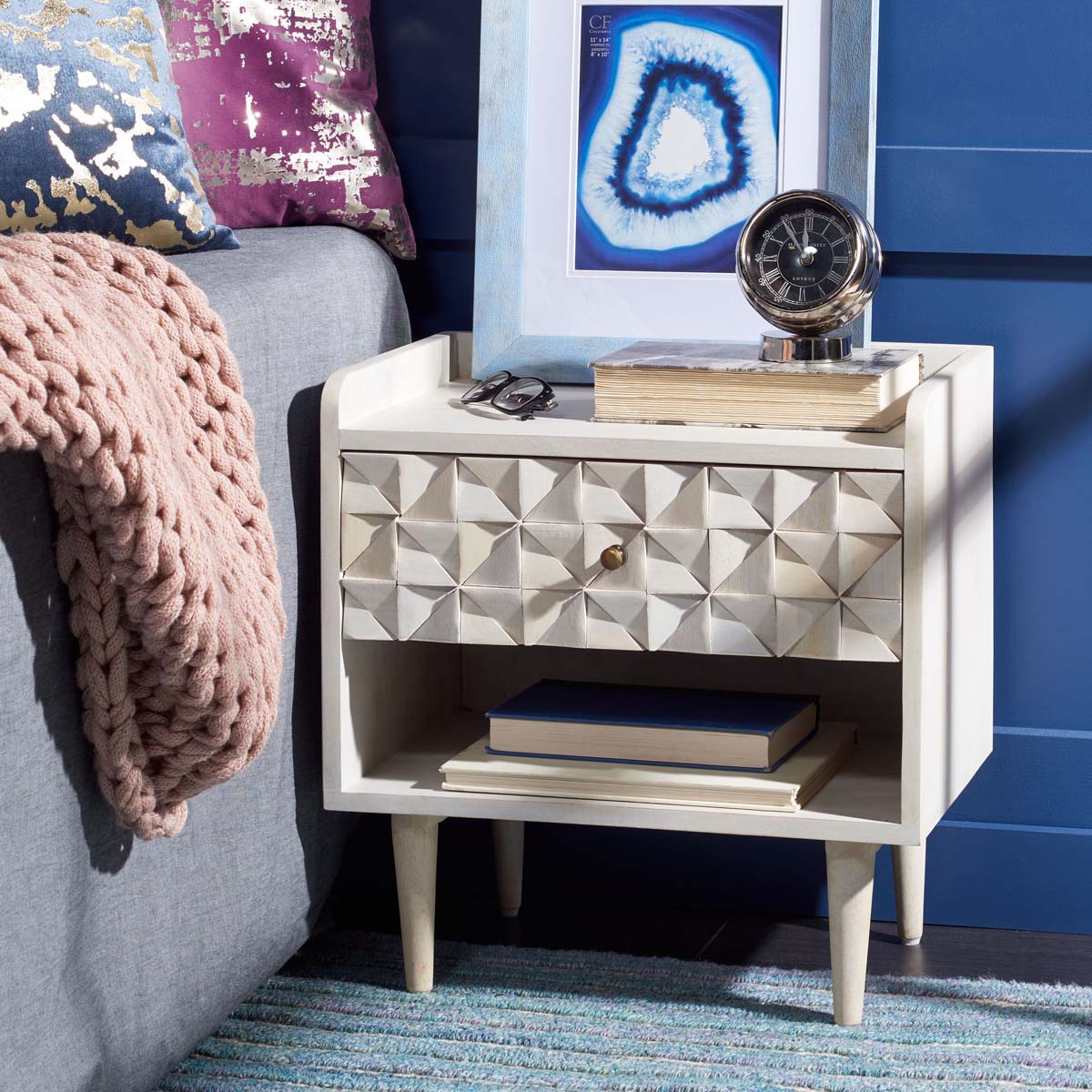 Zinnia Nightstand | Safavieh - White Washed / Brass