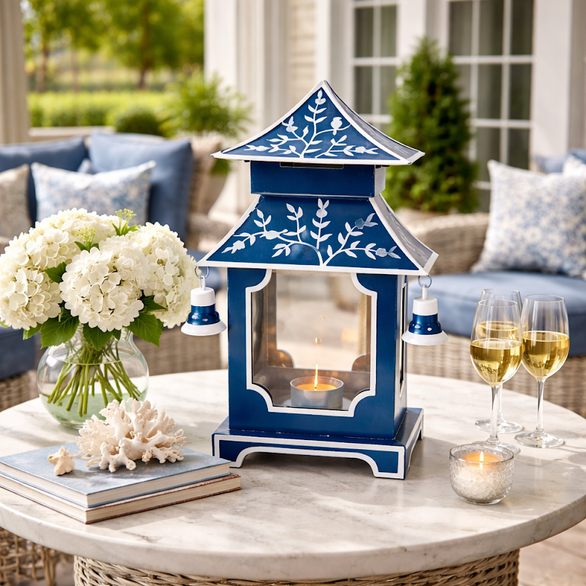 Navy & White Chinoiserie Pagoda Lantern (4 Sizes)