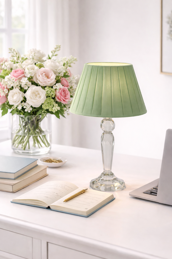 Round Crystal Rechargeable Lamp with Sage Green Shade