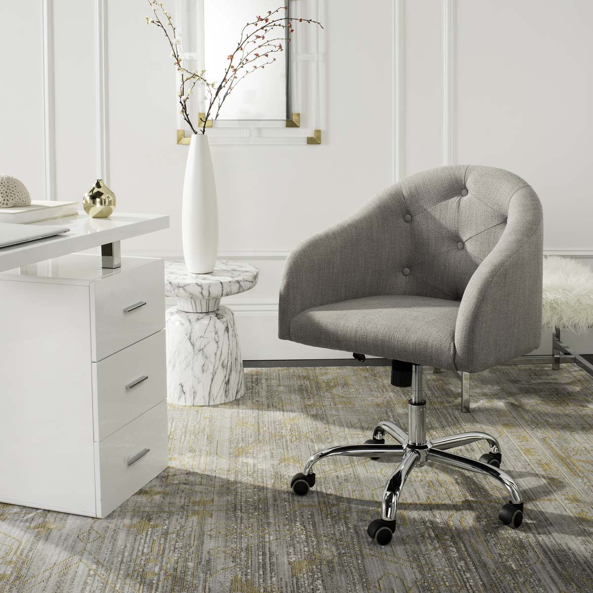 Amy Tufted Linen Chrome Leg Swivel Office Chair | Safavieh - OCH4500 - Grey / Chrome