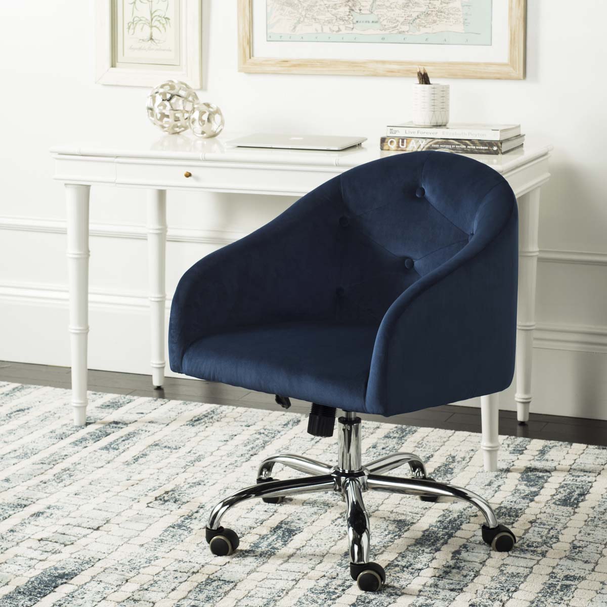 Amy Tufted Velvet Chrome Leg Swivel Office Chair | Safavieh - OCH4500 - Navy / Chrome