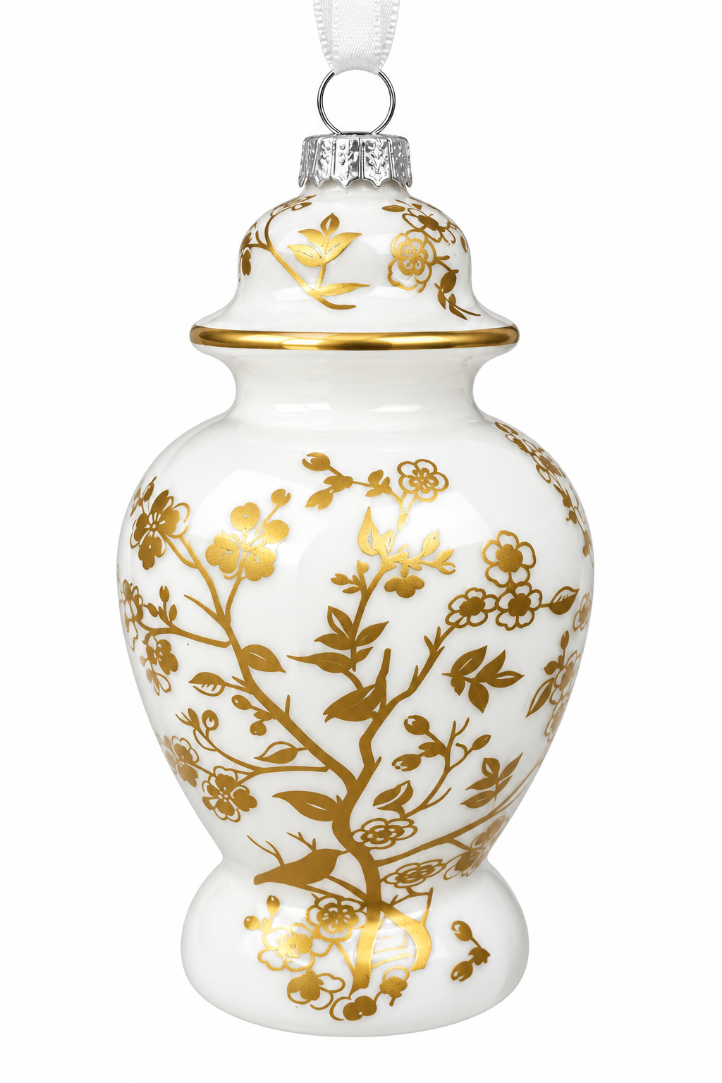 GOLD & WHITE BIRD & VINE JAR ORNAMENT
