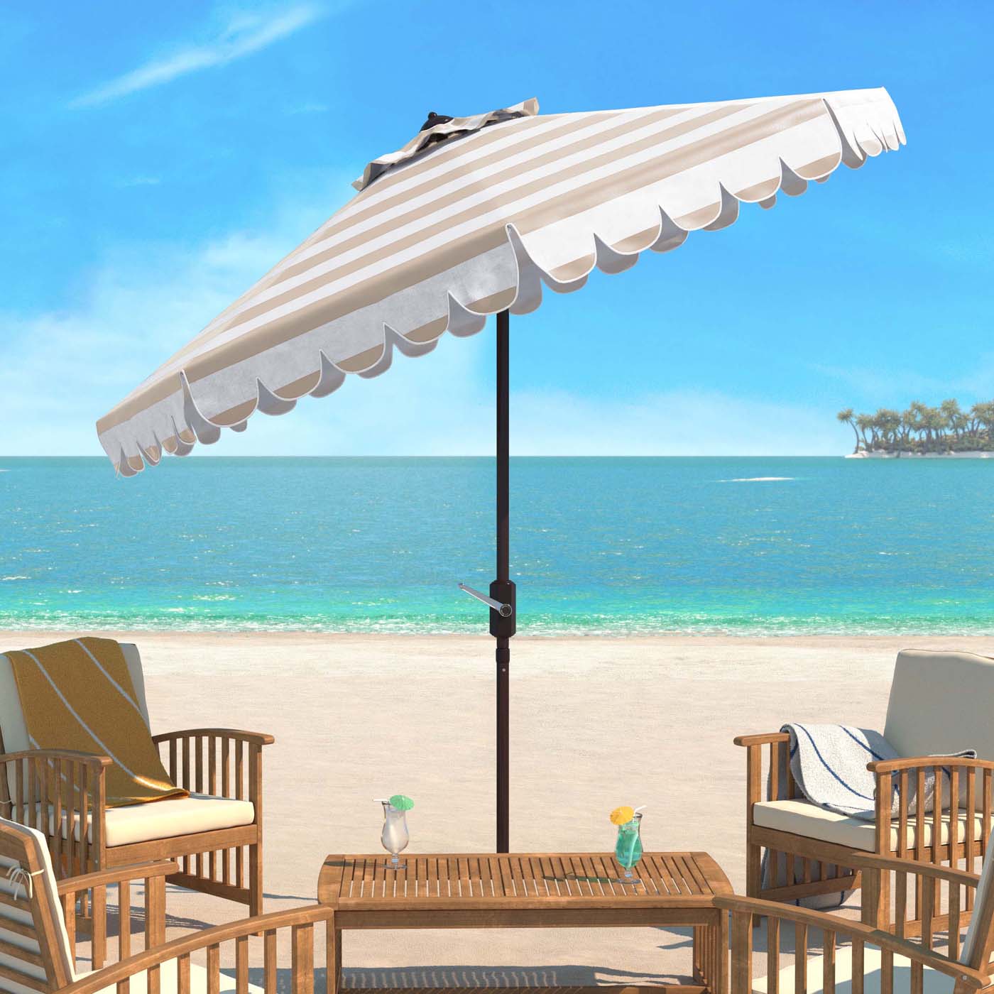 Safavieh Vienna 11Ft Rnd Crank Umbrella , PAT8111 - Beige Stripe