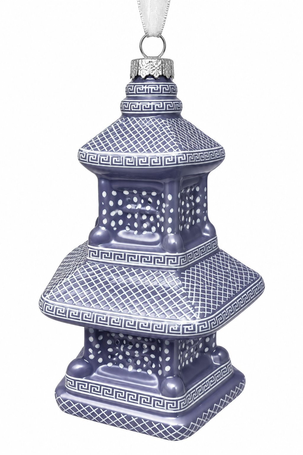 PEARLIZED BLUE & WHITE DOT PAGODA ORNAMENT