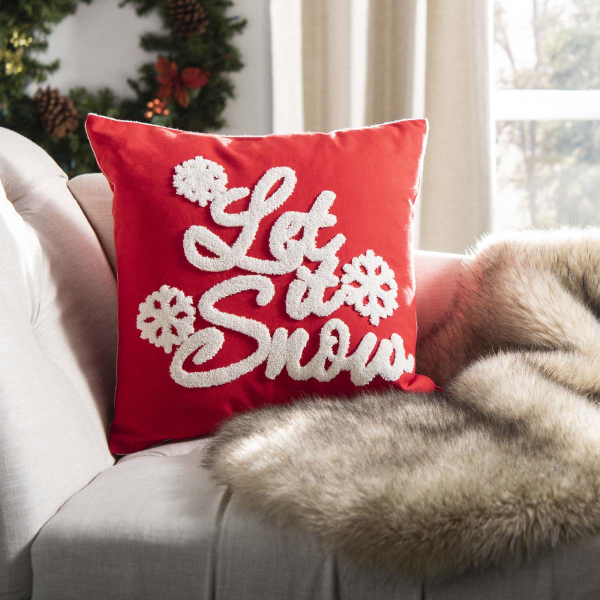 Let It Snow Pillow | Safavieh - PLS7108 - Red/White