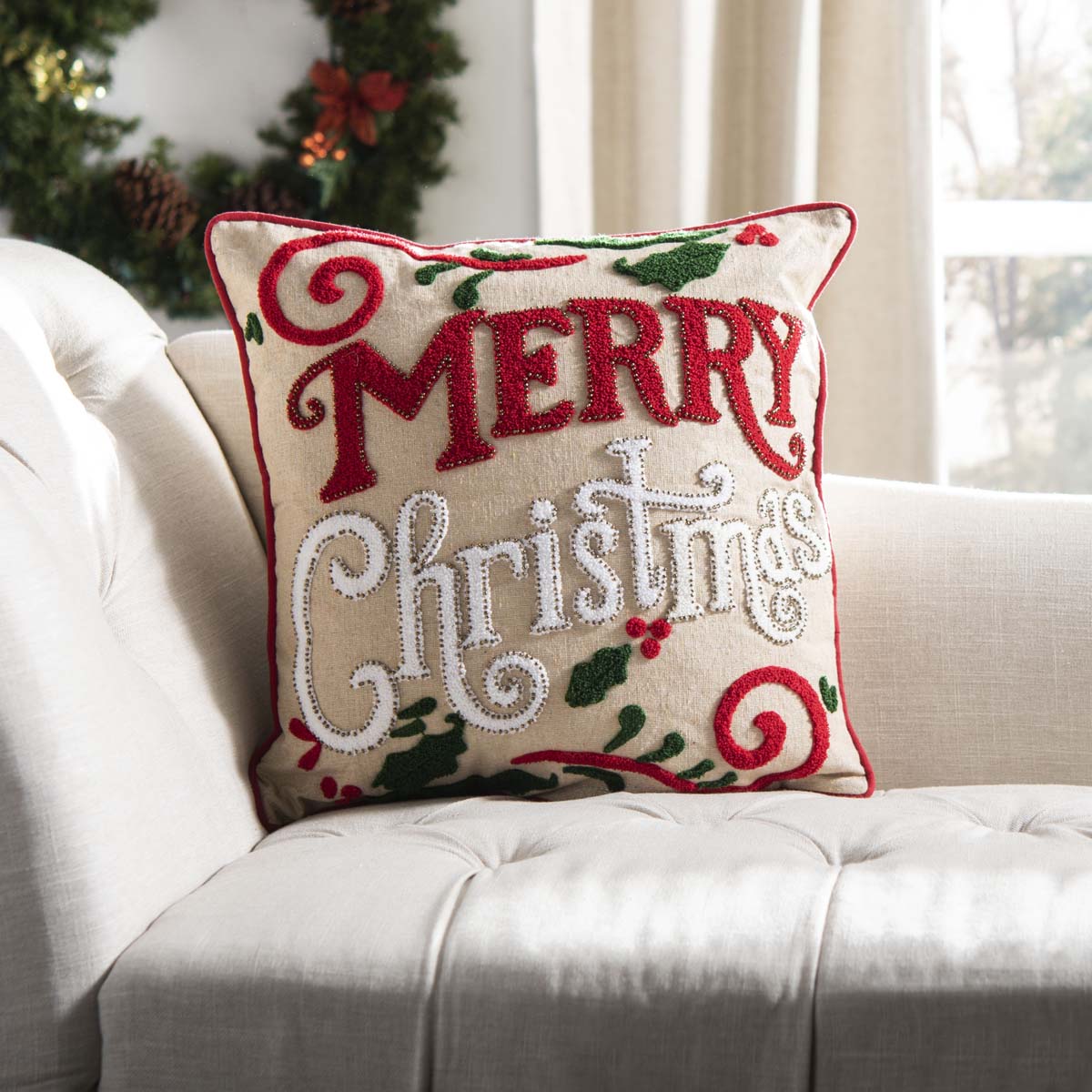 Merry Merry Pillow | Safavieh - PLS7123 - Green/Red/Beige