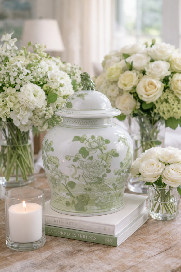 Mid Sized Green Floral and Bird Jar
