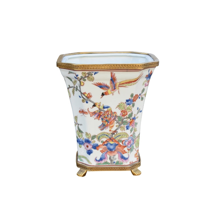 FLORAL SQUARE CACHEPOT WITH BRONZE BASE DECORATION