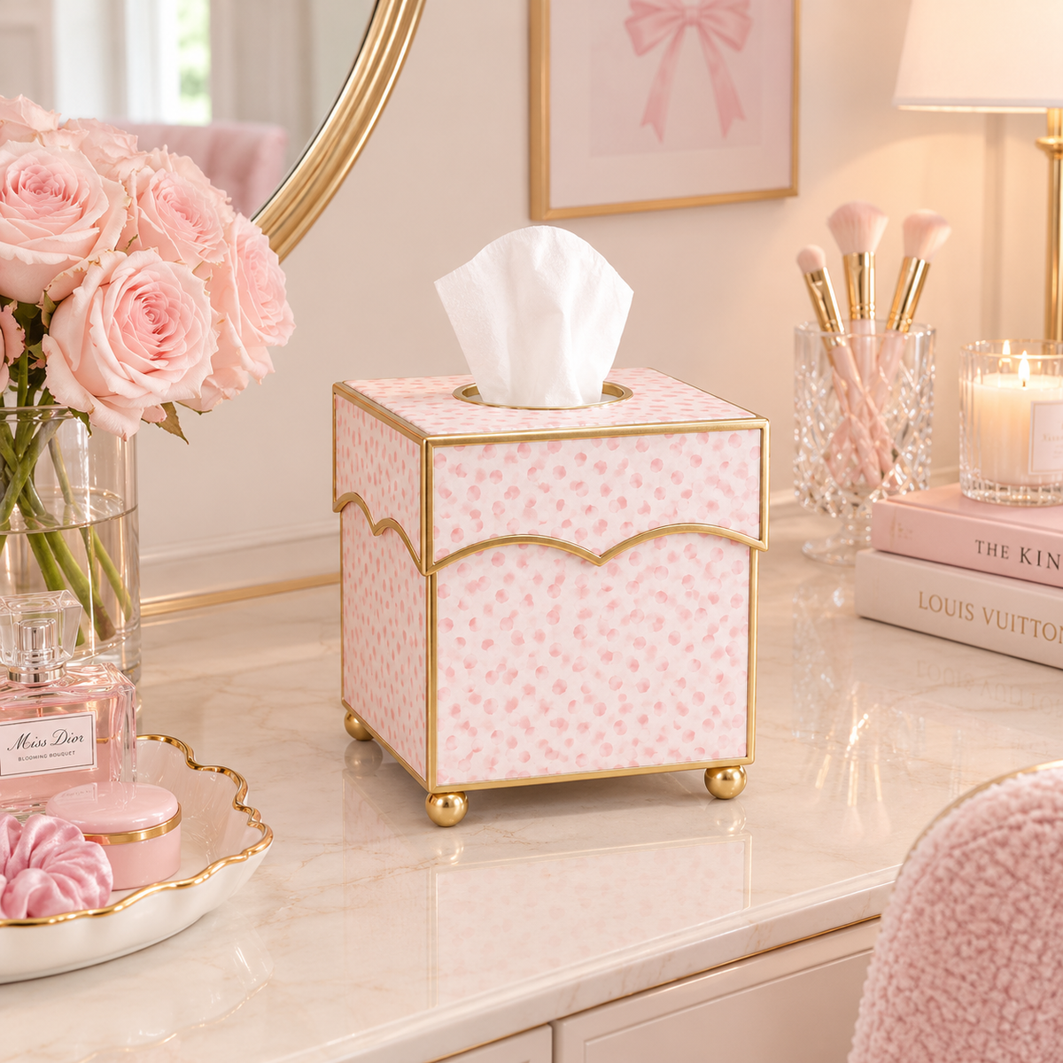 Pink Dot Square Scalloped Wastepaper Basket & Tissue Holder (2 Options)