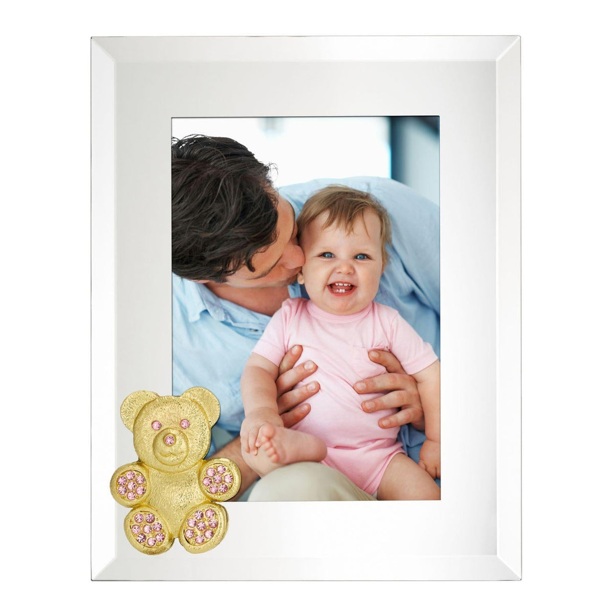 Teddy Bear with Light Rose Crystals 5" x 7" Picture Frame, Gold