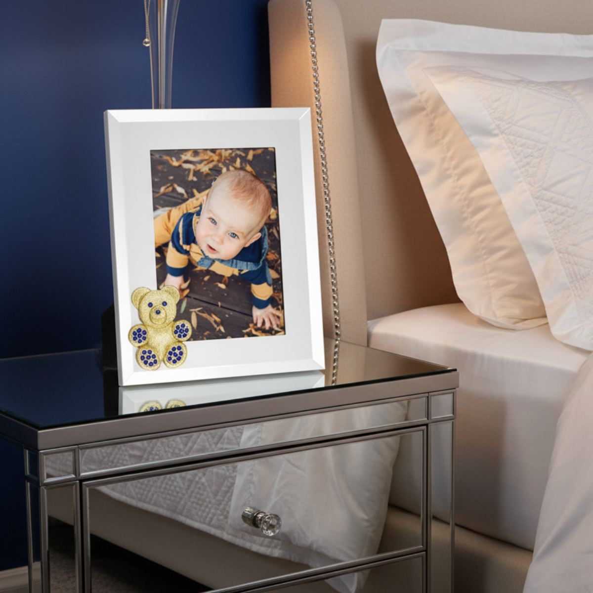 Teddy Bear with Sapphire Crystals 5" x 7" Picture Frame, Gold
