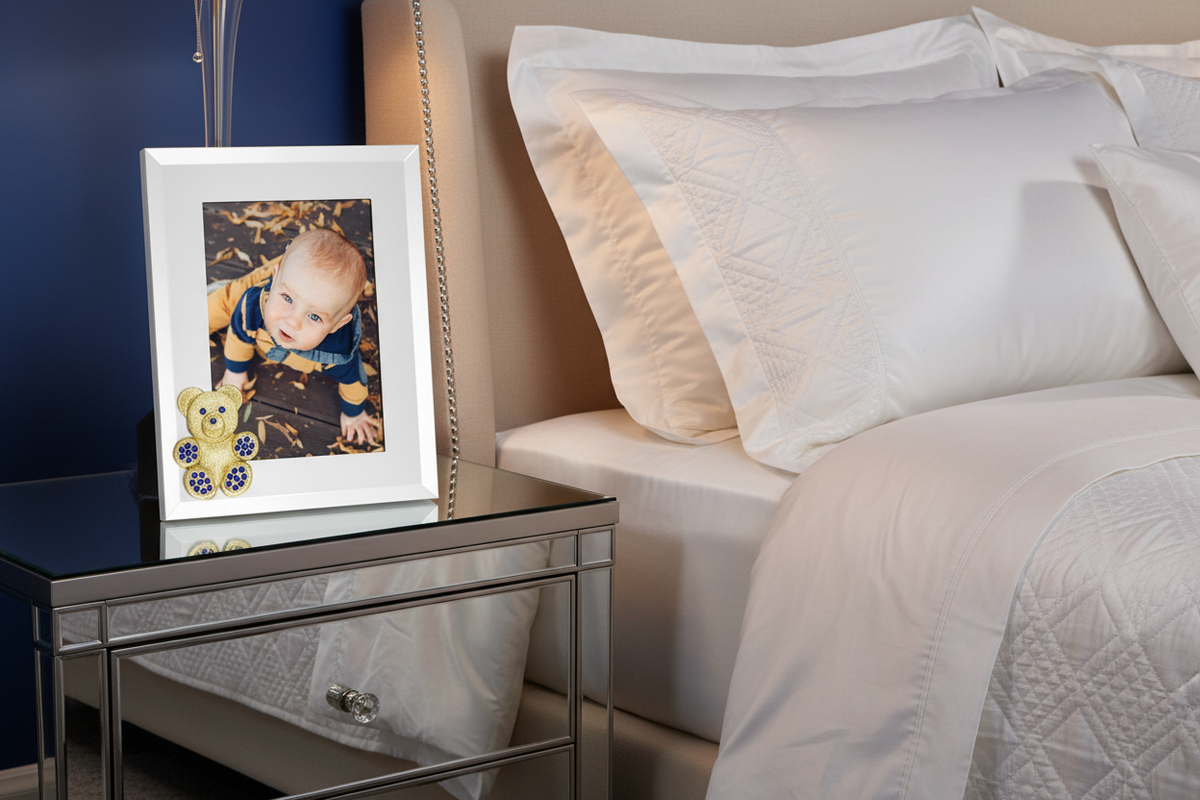 Teddy Bear with Sapphire Crystals 5" x 7" Picture Frame, Gold