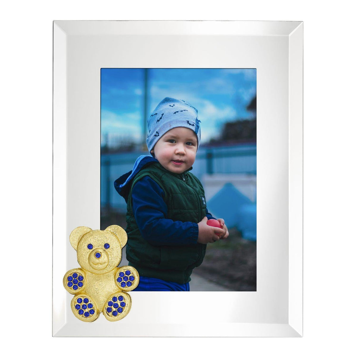 Teddy Bear with Sapphire Crystals 5" x 7" Picture Frame, Gold