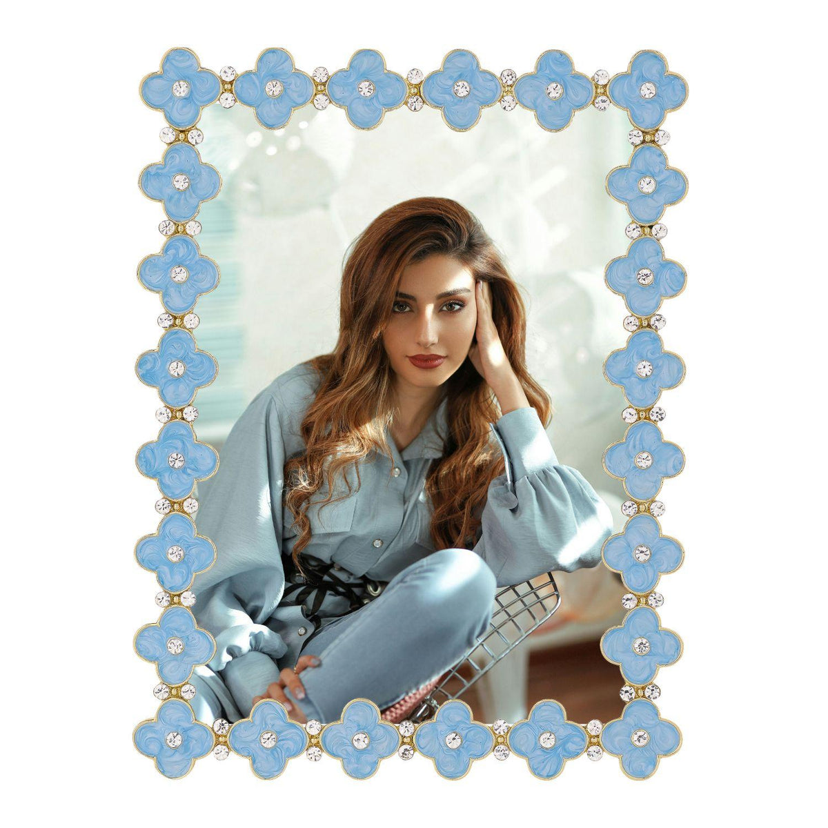 Light Blue Enamel Clover 5" x 7" Picture Frame, Gold