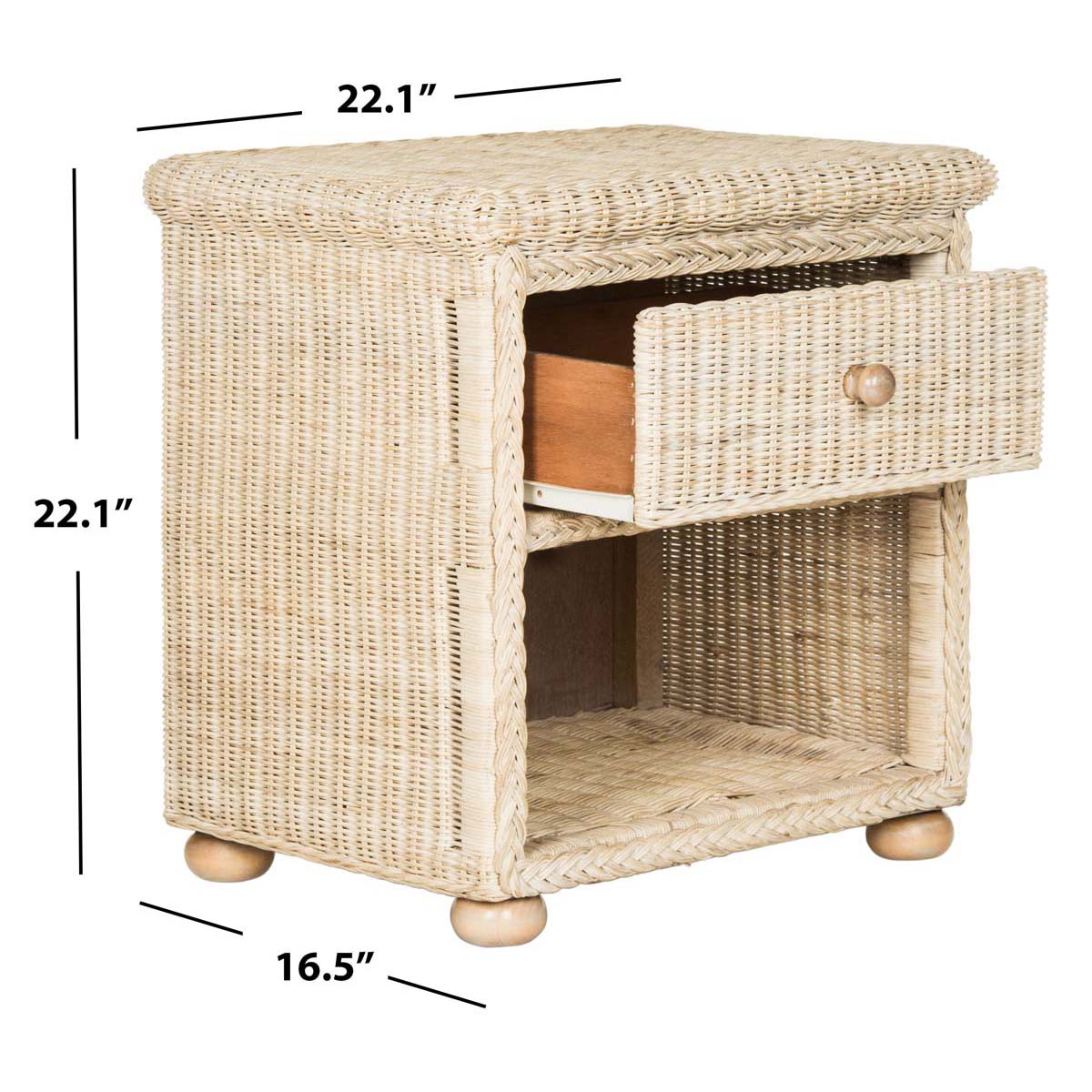 Safavieh Adira Natural White Wash Wicker Nightstand With Drawer And 8H Storage - White Washed