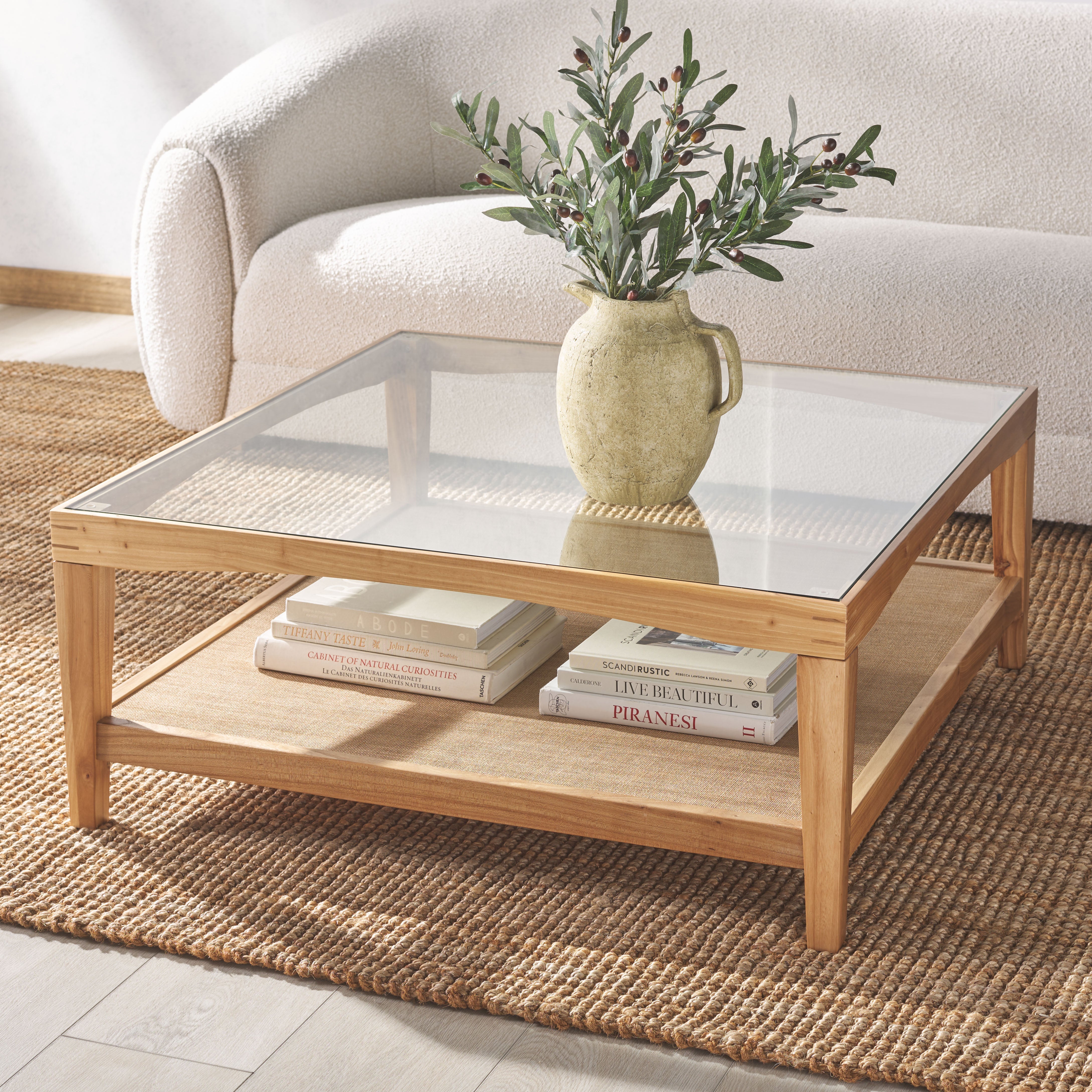 Safavieh Couture Nicolella Square Glass And Linen Coffee Table, SFV2311 - Natural