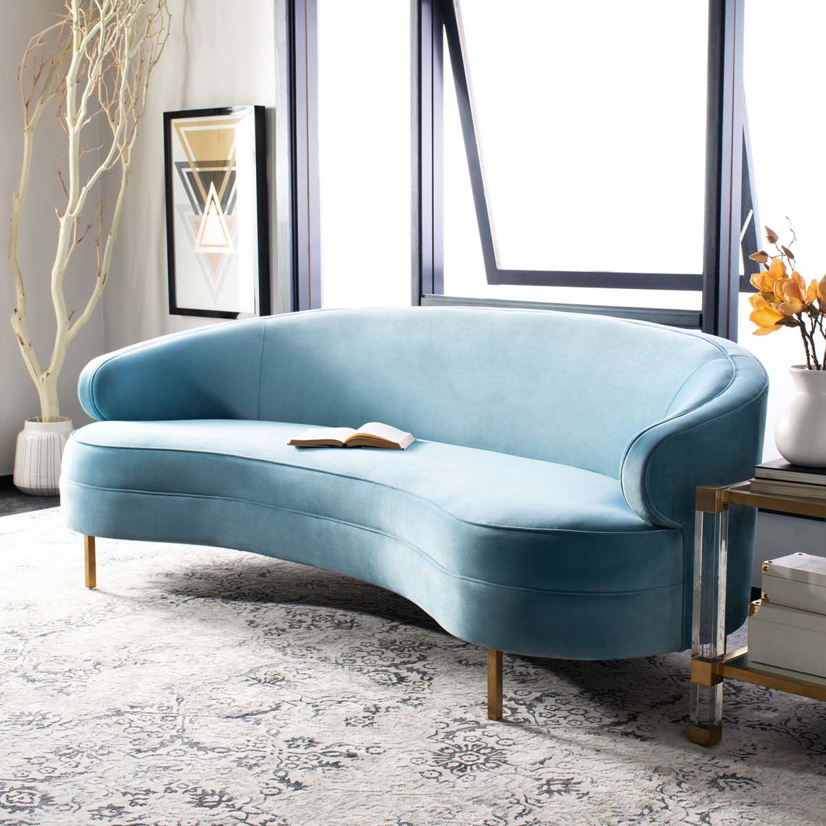 Primrose Curved Sofa | Safavieh Couture - Light Blue / Gold