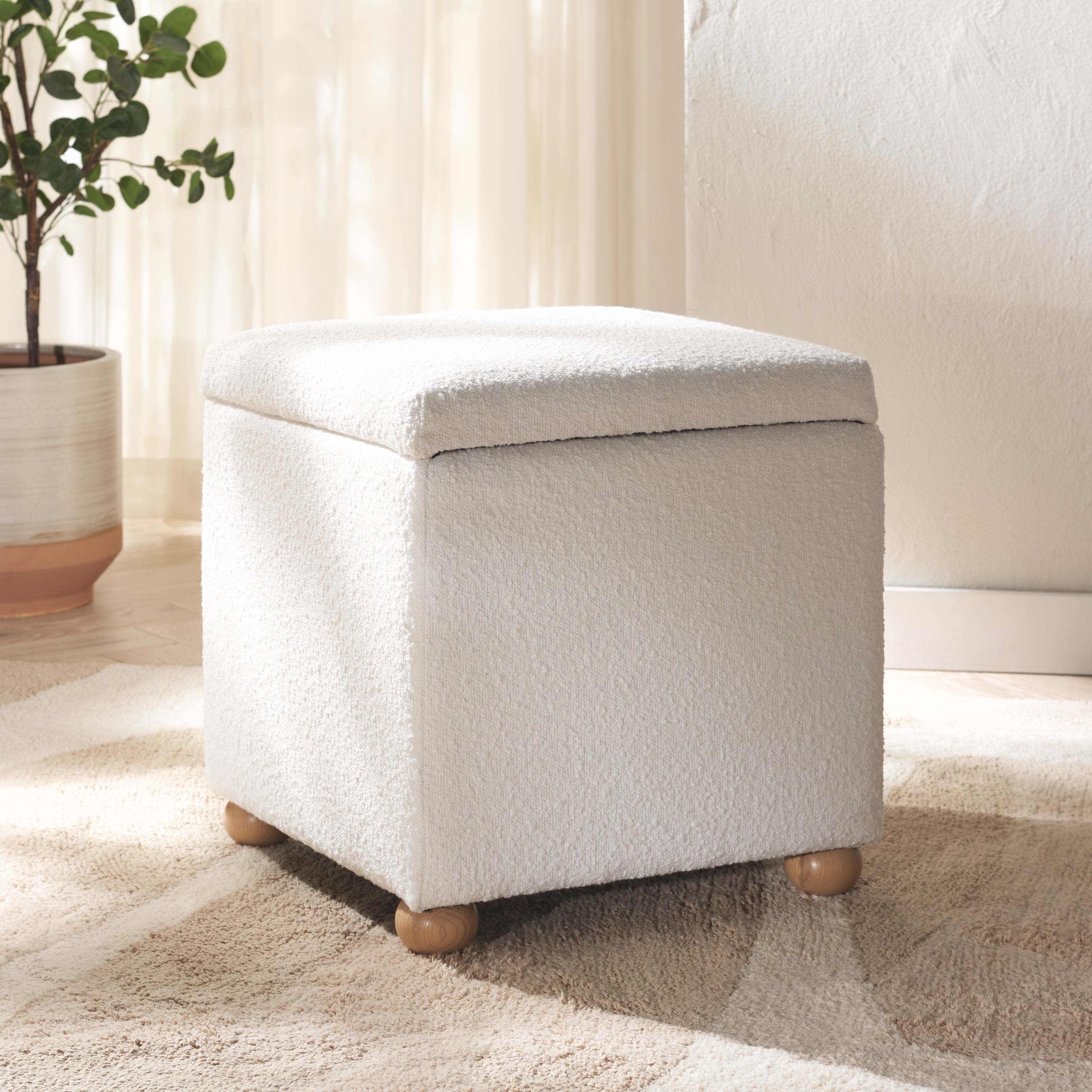 Safavieh Couture Becka Square Boucle Storage Ottoman, SFV6101 - Ivory / Natural