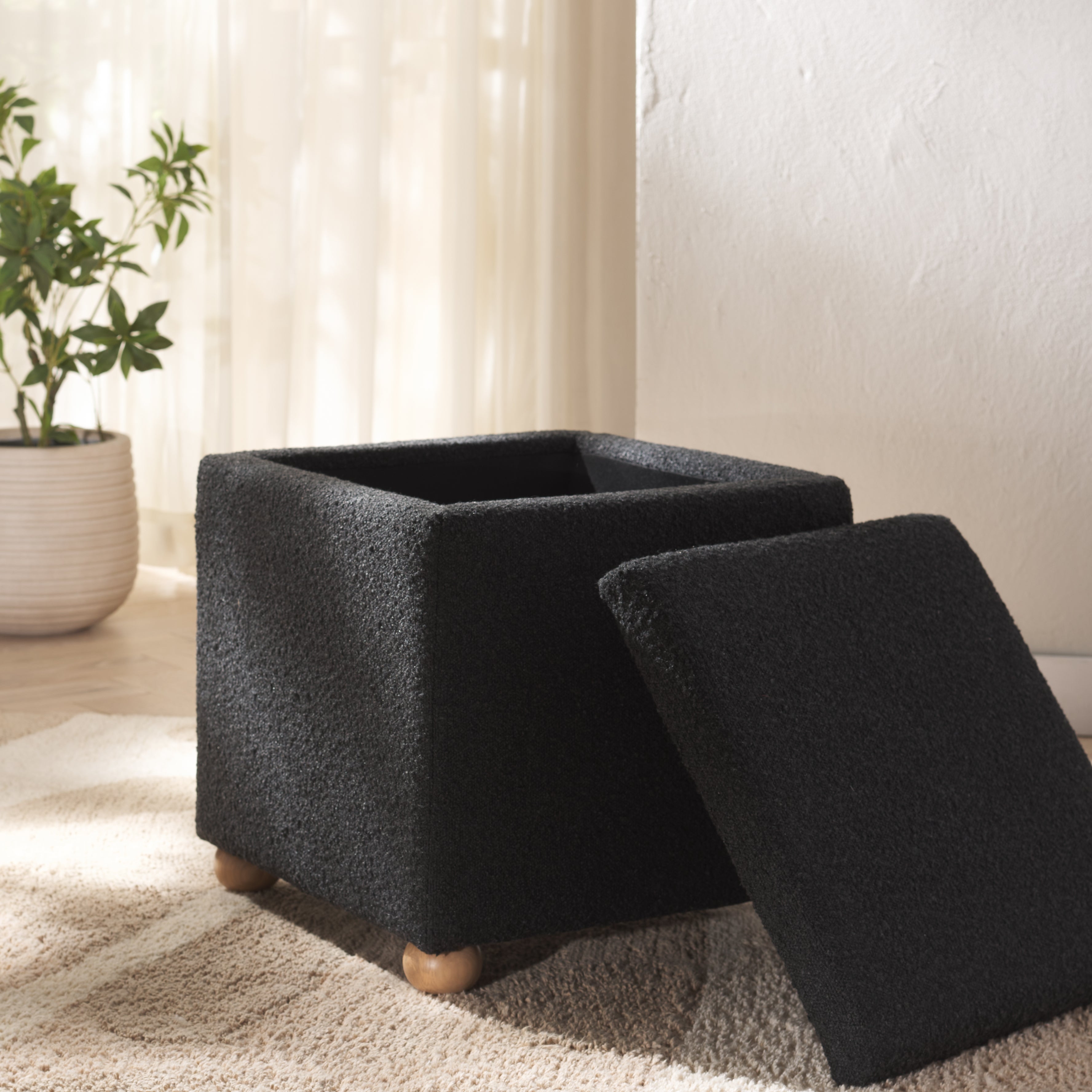 Safavieh Couture Becka Square Boucle Storage Ottoman, SFV6101 - Black / Natural