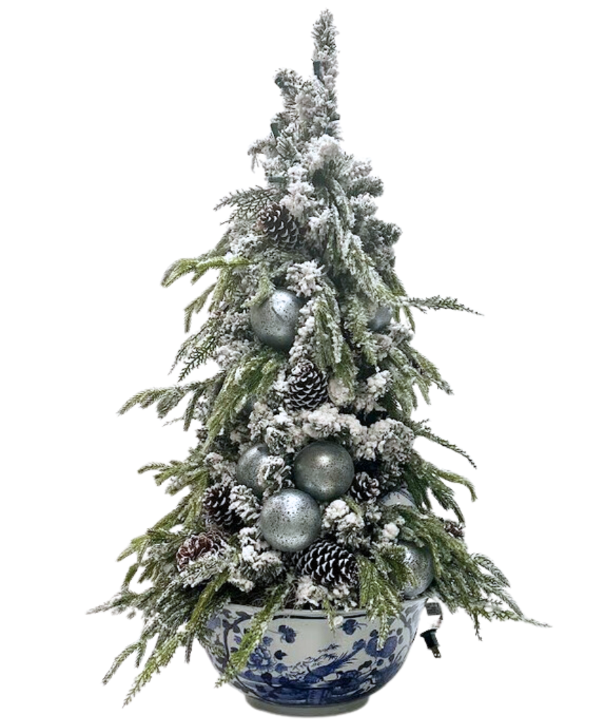 Flocked Christmas Tree in Porcelain Bowl