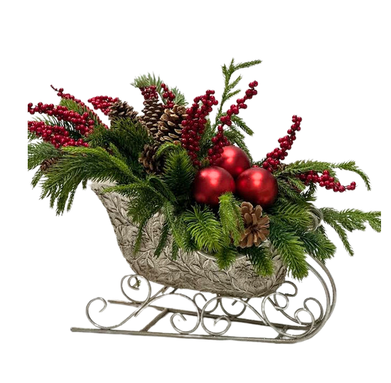 Silver Sleigh with Holiday Greens & Berries