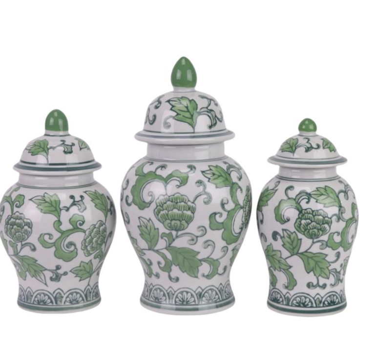 Set of 3 Green & White Floral Food Safe Jars