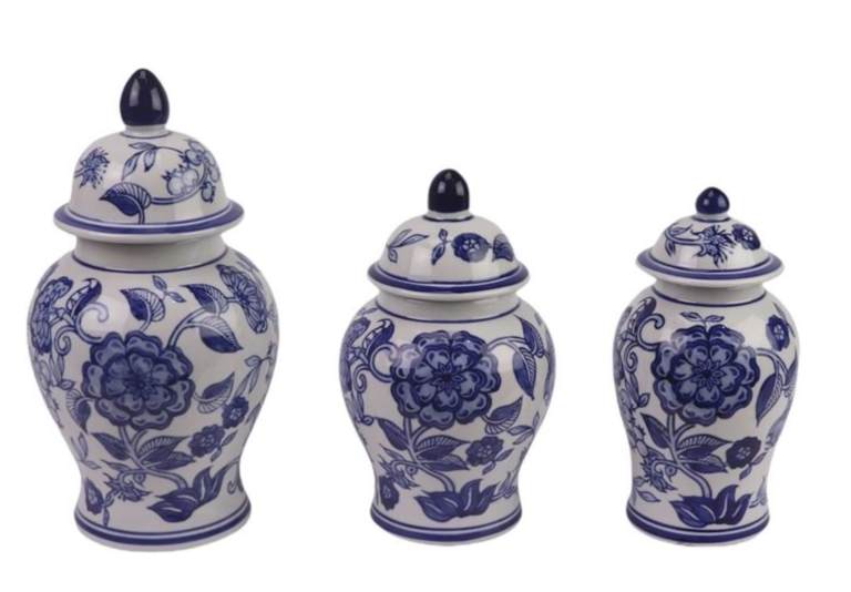 Set of 3 Blue & White Flower Food Safe Jars