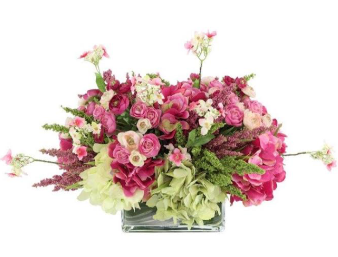 Hydrangea, Heather and Ranunculus Arranged in Rectangular Glass Vase