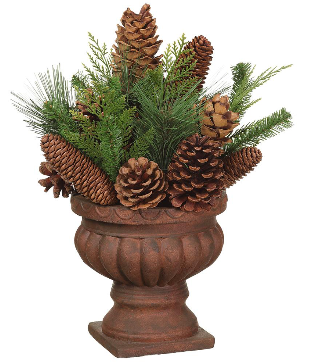 Pair of Pinecone & Evergreen Arrangements in a Rust Urn