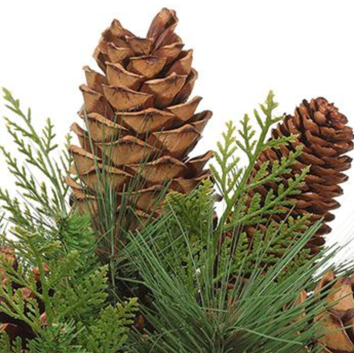 Pair of Pinecone & Evergreen Arrangements in a Rust Urn