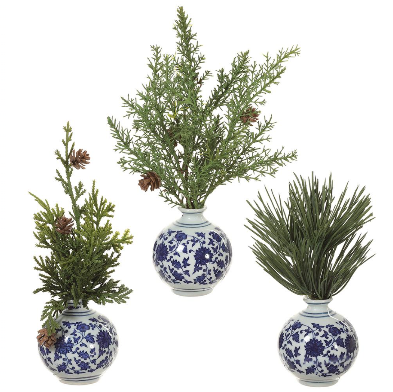 Trio of Evergreen in Porcelain Bud Vases