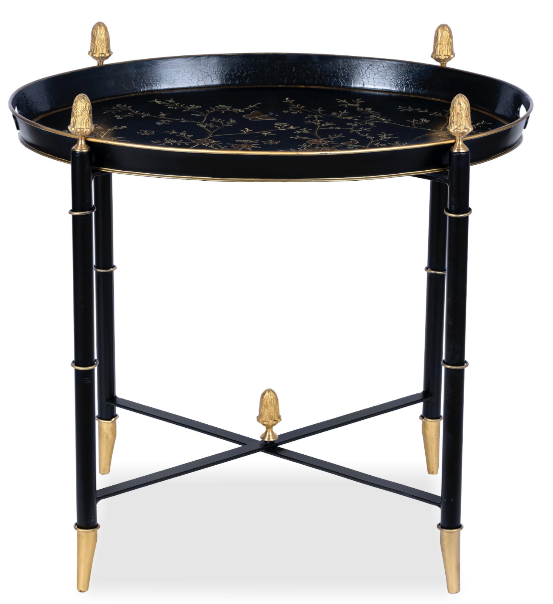 Black Round Tray Table with Gold Finials