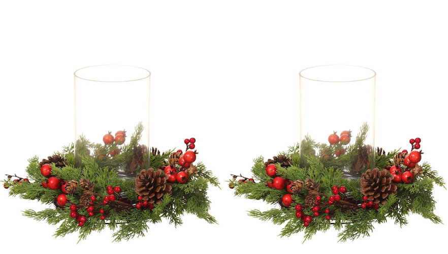 Pair of Pine Cone/Berry/Cedar Centerpiece With Glass Candleholder