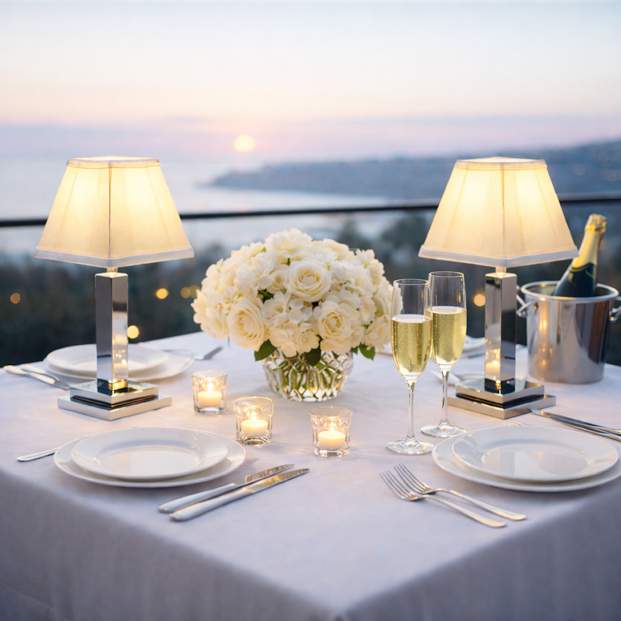 Silver Square Rechargeable Lamp with Blue Trim Shade